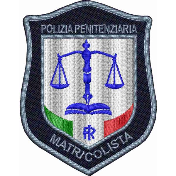 Patch ricamato  MATRICOLISTA POLIZIA PENITENZIARIA, su base tessuto blu navy 