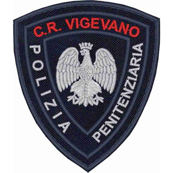 Patch ricamato  AQUILA POLIZIA PENITENZIARIA,con TESTO SCRITTO a piacere con filo rosso e su base blu navy 