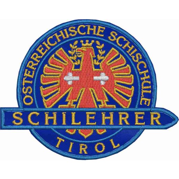 Stemma ricamato SKILEHRER (SUDTIROL) su base blu royal  cm. 7,5 x 6 c