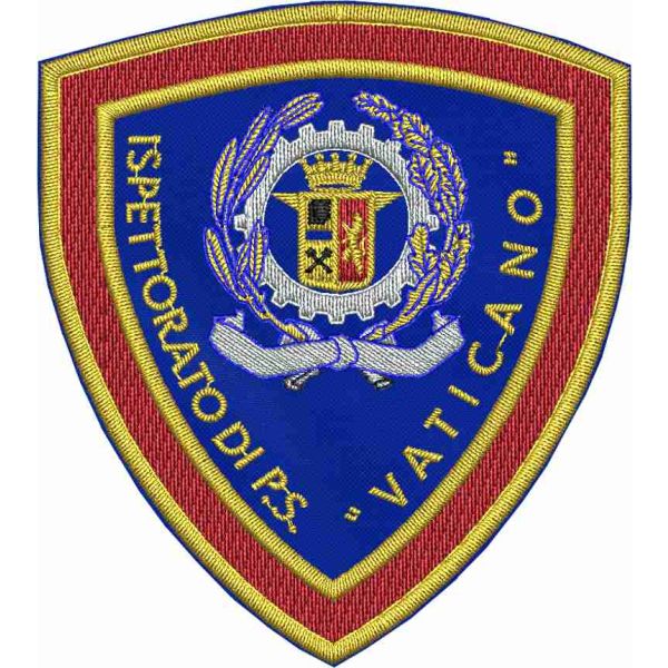 Patch ricamato scudetto "ISPETTORATO PUBBLICA SICUREZZA VATICANO" su base blu royal 