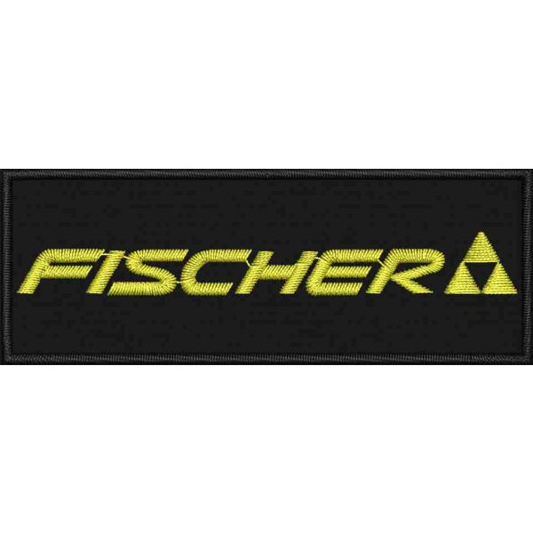 Patch Ricamato rettangolo FISCHER cm. 8 di base per 3 di altezza su fondo nero 