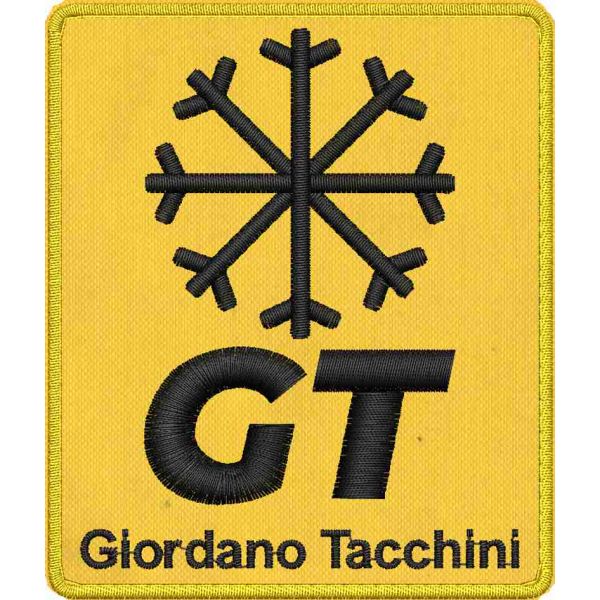 Patch ricamata su base gialla logo maestro di sci "GIORDANO TACCHINI"  cm. 9 X 8 