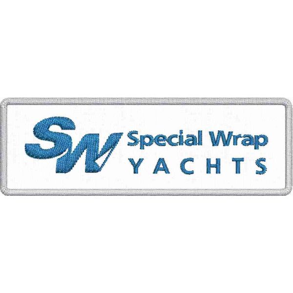 Patch ricamato personalizzato LSW (Special Wrap YACHT) su base bianca cm. 9_x_3 