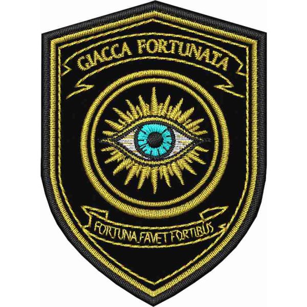 Patch ricamato SCUDETTO su panno sombrod nero (GIACCA FORTUNATA) made cm. 7 x 5