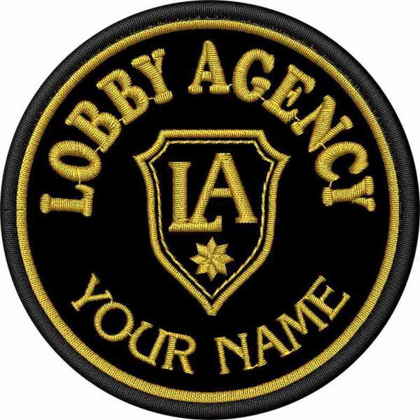 Patch ricamato su base nera Logo LOBBY AGENCY  (NOME EVENTO O LOCALE) cm. 8 di diametro 