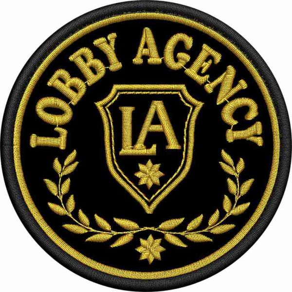 Patch ricamato su base nera Logo LOBBY AGENCY  (neutro con alloro) cm. 8 di diametro