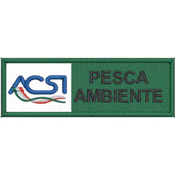 Patch ricamato su base bianca logo ACSI PESCA AMBIENTE cm. 9 x 3 