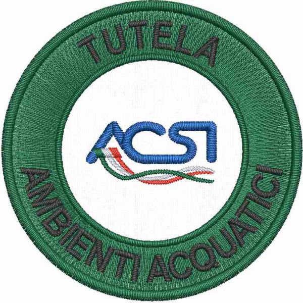 Patch ricamato tondo su base bianca logo ACSI TUTELA AMBIENTI ACQUATICI diam. cm. 7