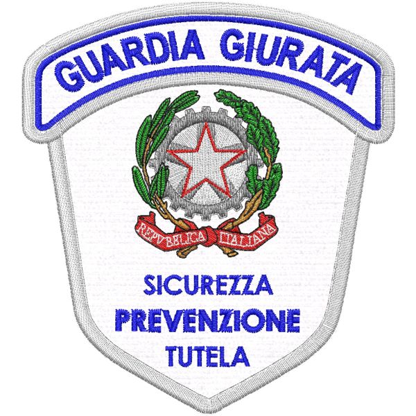 Scudetto ricamato con mezzaluna cm. 10x9 su base bianca Guardia SICUREZZA-PREVENZIONE-TUTELA  
