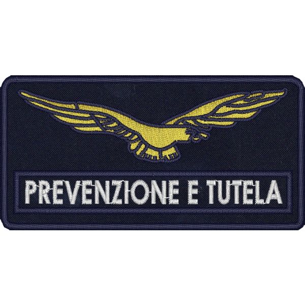 Patch ricamato mm. 90x45 "PREVENZIONE E TUTELA" o testo a piacere su base blu navy e aquila con filo metallico dorato