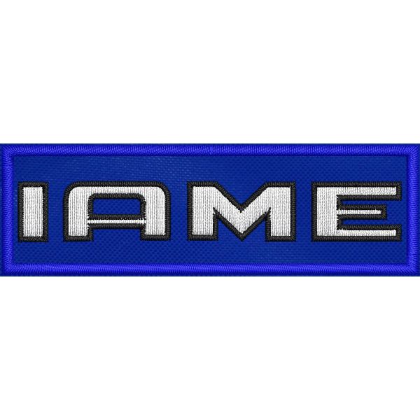 Patch ricamato su base bluroyal a cm.8 x 2,5 scritta "IAME"