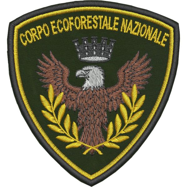 Patch ricamato SU BASE VERDE MILITARE  aquila logo ECOFORESTALE NAZIONALE mm.80 X 85