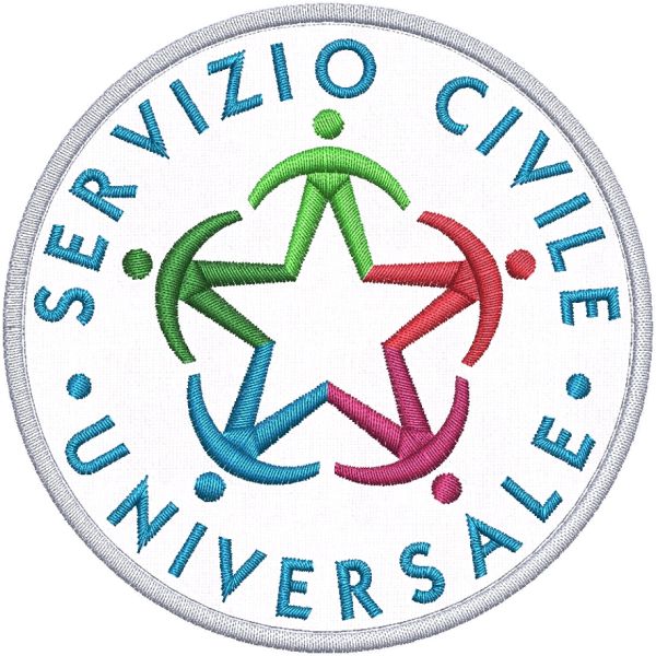 Patch ricamato SERVIZIO CIVILE UNIVERSALE su base bianca diametro cm. 9 