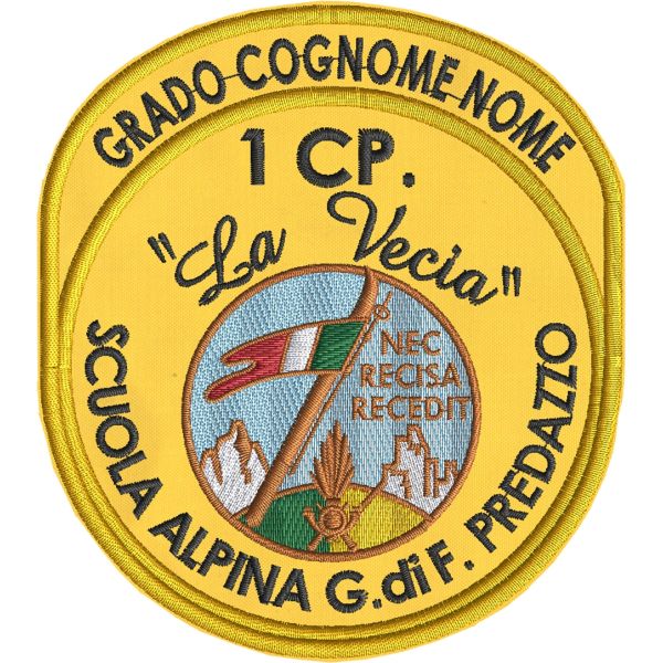 Patch ricamato SCUOLA ALPINA G.di F. La Vecia personalizzabile con Grado, Nome, Cognome su base gialla cm. 11 x 10