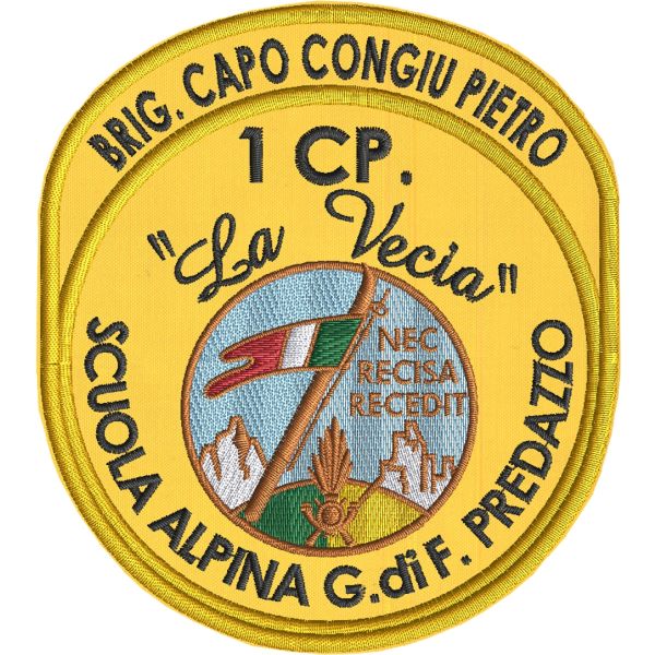 Patch ricamato SCUOLA ALPINA G.di F. La Vecia personalizzabile con Grado, Nome, Cognome su base gialla cm. 11 x 10