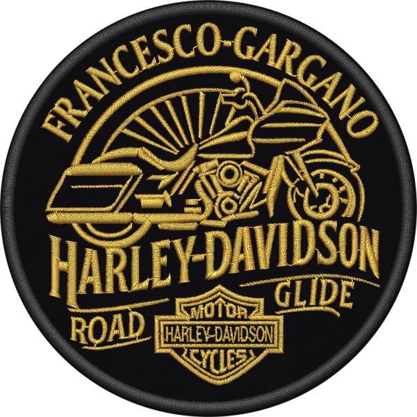 Patch tondo ricamato su base nera HARLEY DAVIDSON con nome a piacere su parte superiore diametro cm.10