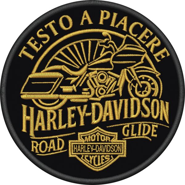 Patch tondo ricamato su base nera HARLEY DAVIDSON con nome a piacere su parte superiore diametro cm.10