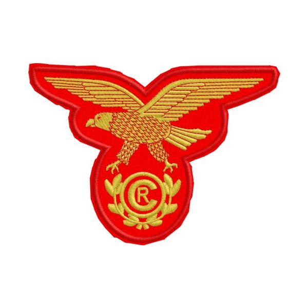 Cod_1302 Fregio ricamato aquila CR su panno rosso  mm. 125X90