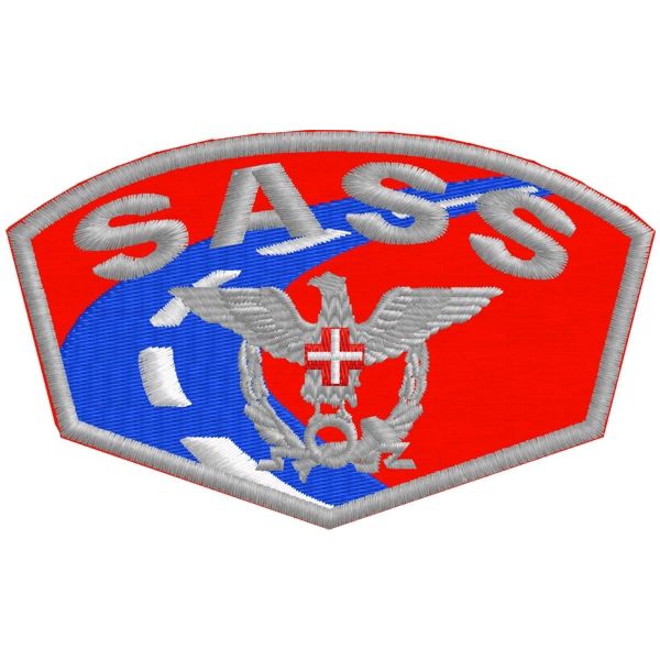 Patch ricamato in SILVER DISTINTIVO S.A.S.S.  su base ROSSA