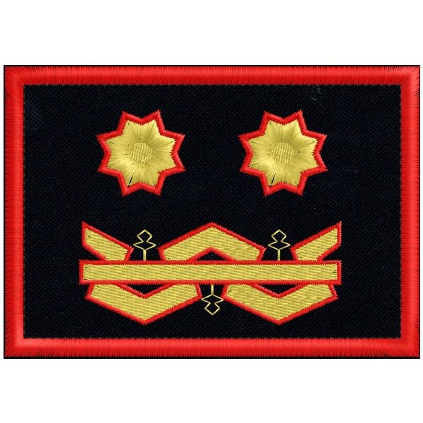 Patch rett. ricamato 2 stelle dorate e logo su fondo blu navy cm. 10 x 7 cod.SASS19006