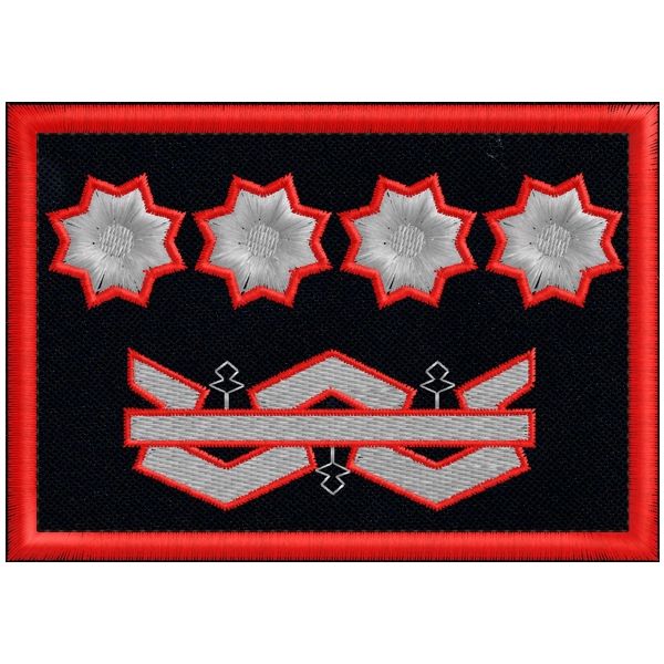 Patch rett. ricamato 4 stelle ARGENTO e logo su fondo blu navy cm. 10 x 7 cod.SASS19008